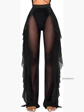 Sheer Mesh Ruffle High Waist Swim Cover Up Pants